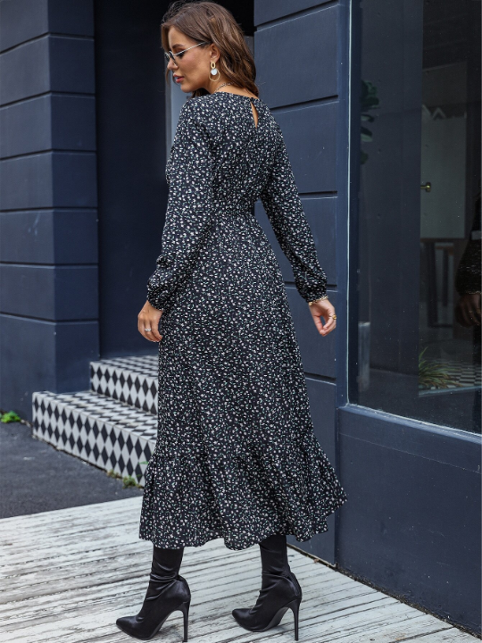 LUNE Ditsy Floral Keyhole Back Bishop Sleeve Ruffle Hem Belted Dress