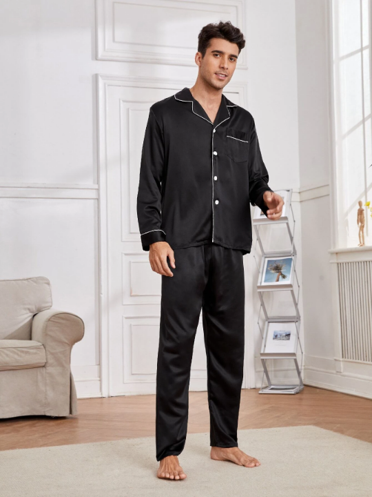Men Pocket Front Contrast Piping Satin PJ Set
