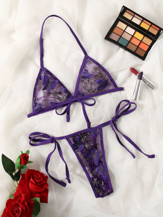 Butterfly Embroidery Mesh Lingerie Set