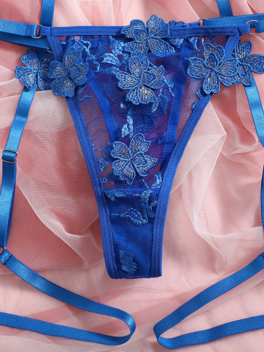 Floral Embroidery Mesh Underwire Garter Lingerie Set