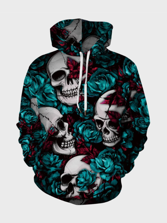 Manfinity LEGND Men Rose & Skull Print Kangaroo Pocket Drawstring Hoodie