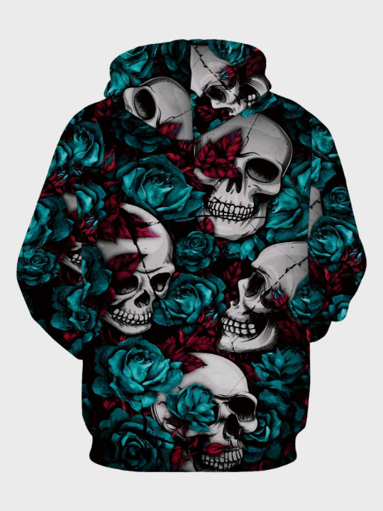 Manfinity LEGND Men Rose & Skull Print Kangaroo Pocket Drawstring Hoodie