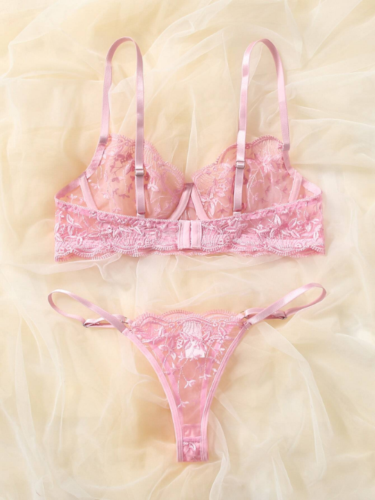 Classic Sexy Leaf Embroidery Sheer Mesh Underwire Lingerie Set