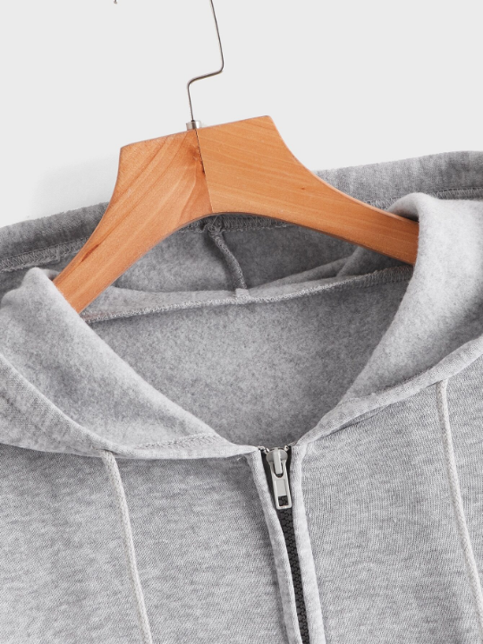 ROMWE Prep Men Solid Zip Up Pocket Drawstring Hoodie