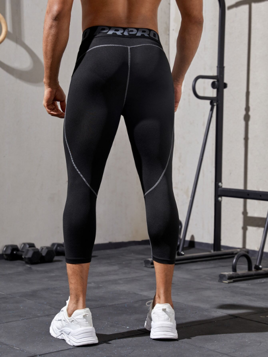 Sport Corelite Men Letter Tape Waist Topstitching Sports Tights