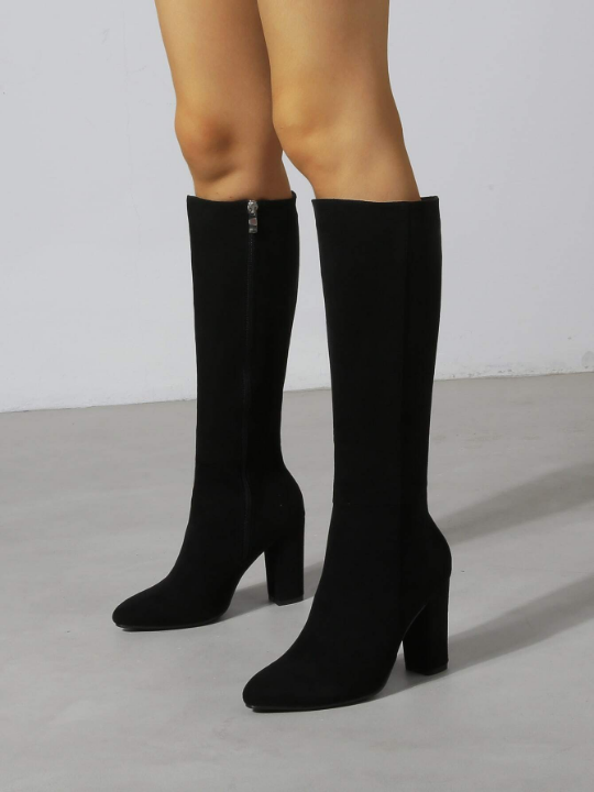 Women Faux Suede Side Zip Point Toe Chunky Heeled Black Knee High Classic Boots