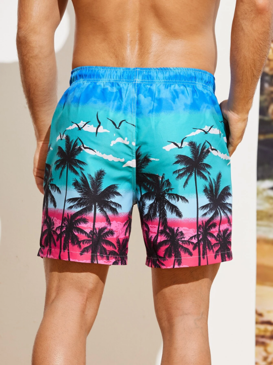 Manfinity Swimmode Men Coconut Tree Print Drawstring Waist Swim Trunks