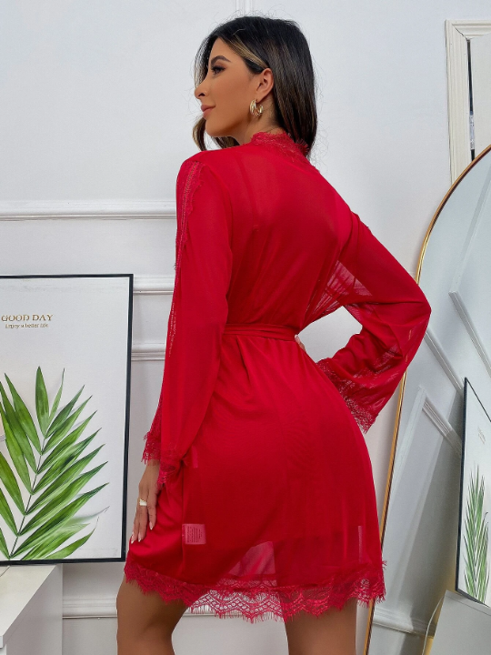 Contrast Floral Lace Slips With Robe & Belted