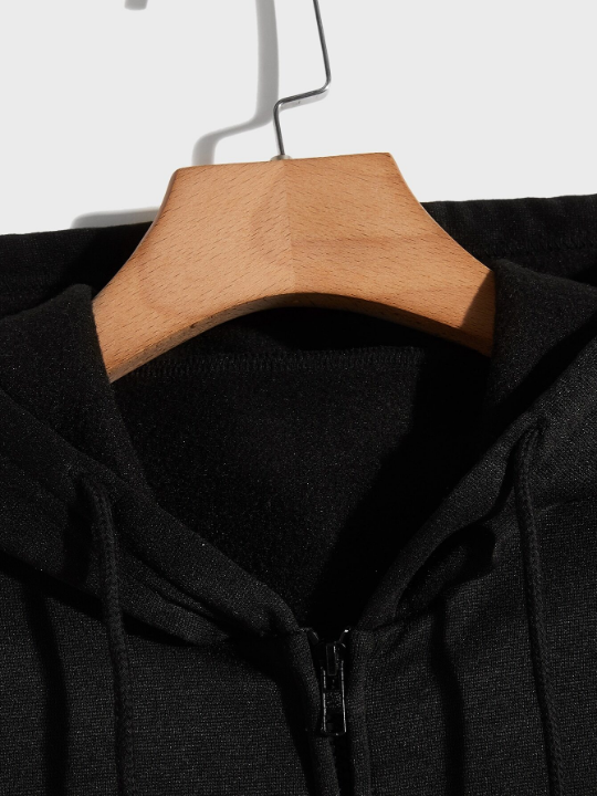 ROMWE Prep Men Solid Zip Up Pocket Drawstring Hoodie