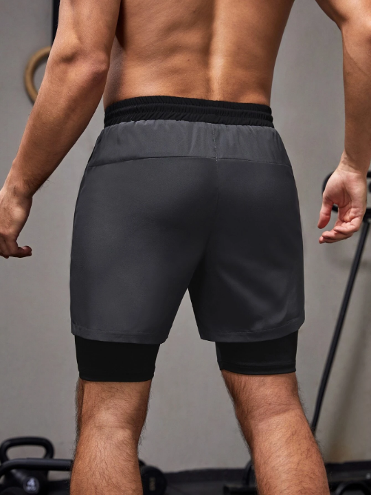 Sport PWRUP Men Letter Graphic Drawstring Waist 2 In 1 Sports Shorts