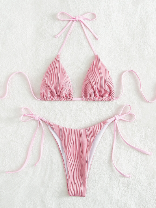 Plain Triangle Tie Side Bikini Swimsuit