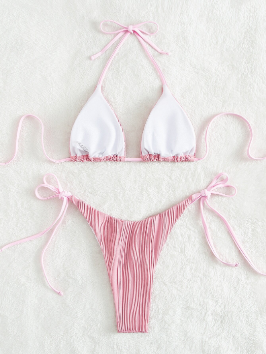 Plain Triangle Tie Side Bikini Swimsuit