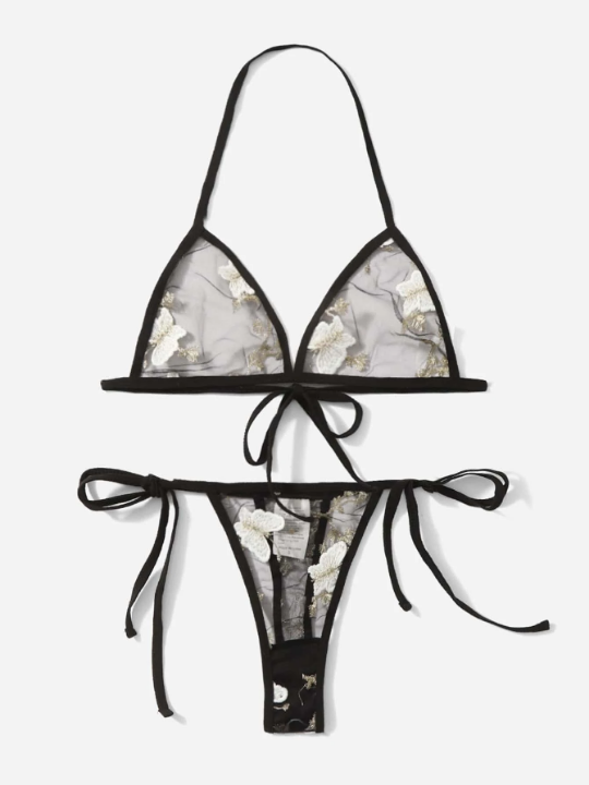 Butterfly Embroidery Mesh Lingerie Set