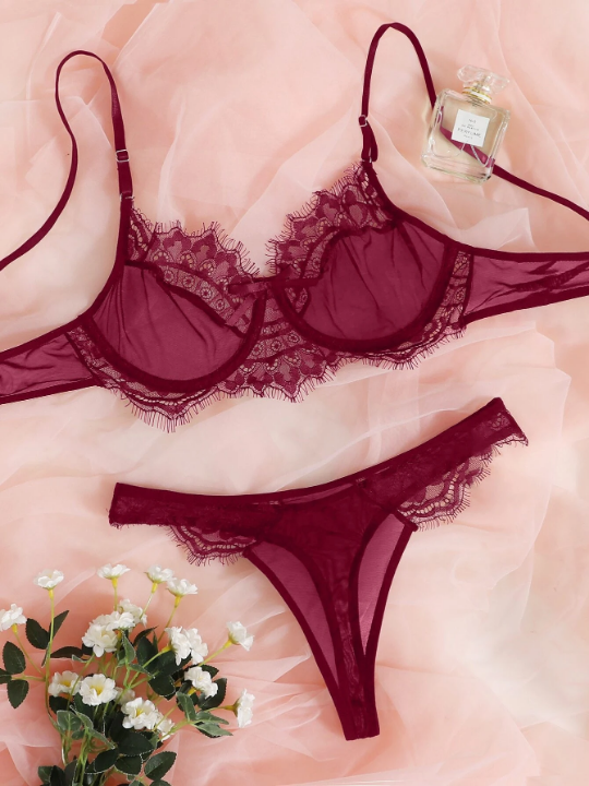 Contrast Lace Underwire Lingerie Set