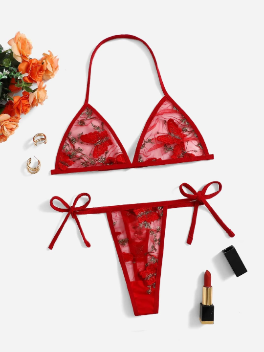 Floral Embroidered Mesh Triangle Lingerie Set