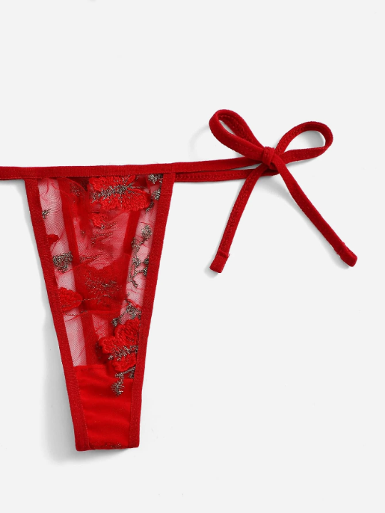 Floral Embroidered Mesh Triangle Lingerie Set
