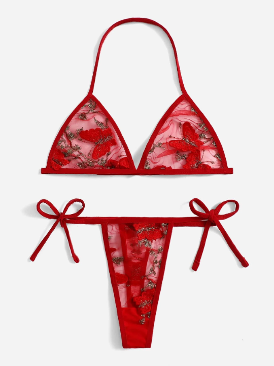 Floral Embroidered Mesh Triangle Lingerie Set