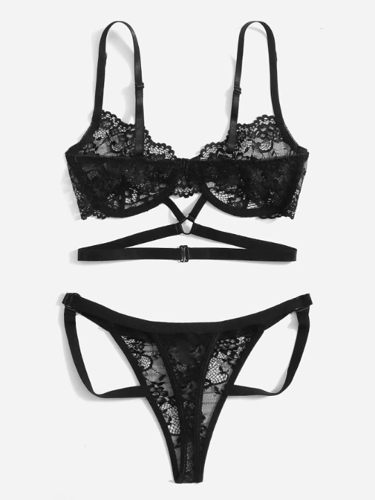 ROMWE Kawaii X Gabiciamp Contrast Lace Ring Linked Lingerie Set
