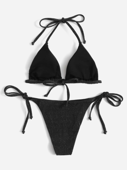 Swim Basics Sparkly Glitter Halter Triangle Bikini Swimsuit