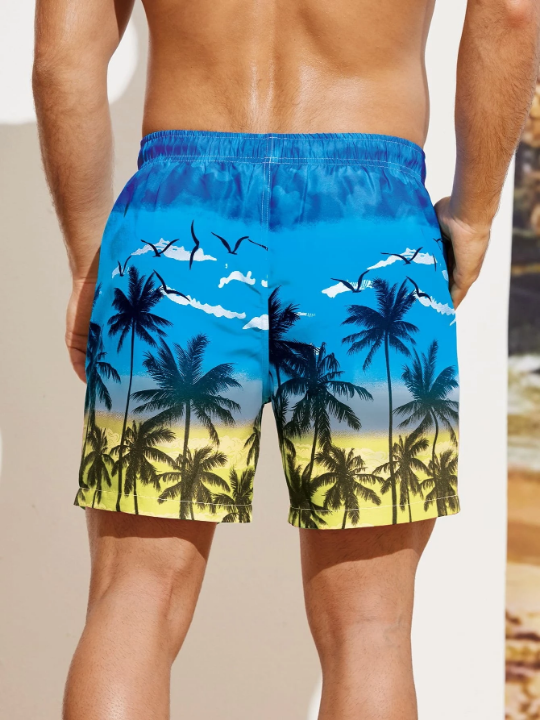 Manfinity Swimmode Men Coconut Tree Print Drawstring Waist Swim Trunks