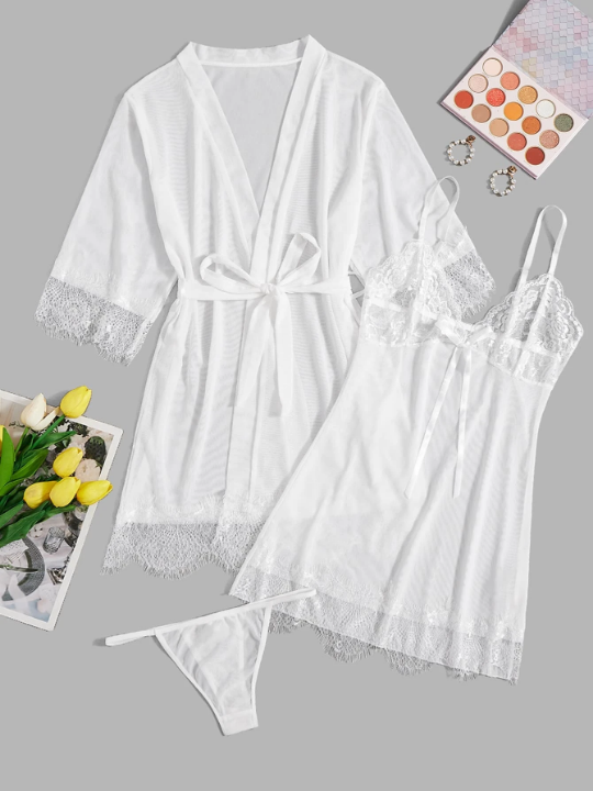 Classic Sexy 3pack Eyelash Lace Panel Belted Mesh Lingerie Set