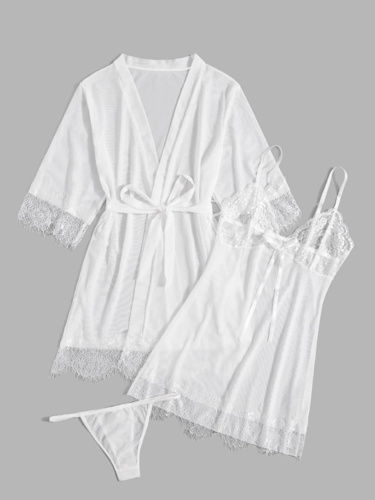 Classic Sexy 3pack Eyelash Lace Panel Belted Mesh Lingerie Set