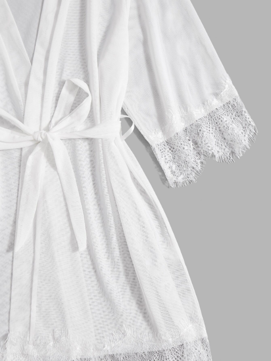 Classic Sexy 3pack Eyelash Lace Panel Belted Mesh Lingerie Set