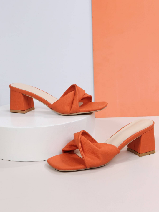 Women Twist Detail Chunky Heeled Mule Sandals, Fashion Summer Heeled Sandals