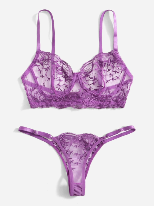 Classic Sexy Embroidered Mesh Underwire Lingerie Set