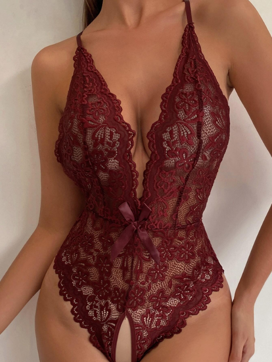 Classic Sexy Floral Lace Scallop Trim Crotchless Teddy Bodysuit