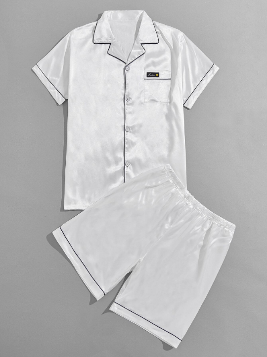 Men Satin Letter Patched Contrast Piping PJ Set