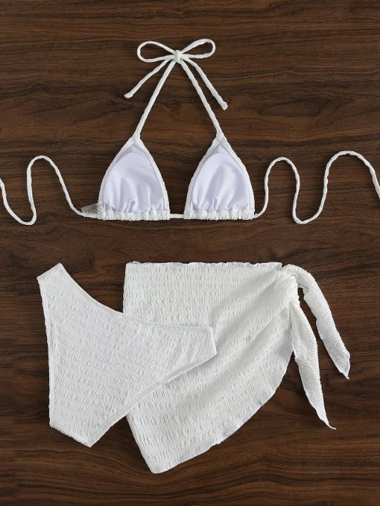 Swim Basics Smocked Bikini Set Halter Triangle Bra Top & Hipster Bikini Bottom & Skirt 3 Piece Bathing Suit