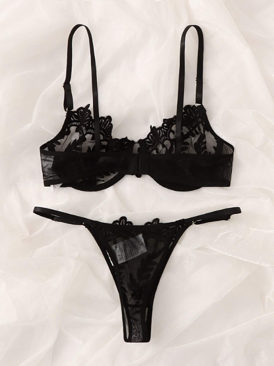 Pure Desire Embroidery Sheer Mesh Underwire Lingerie Set