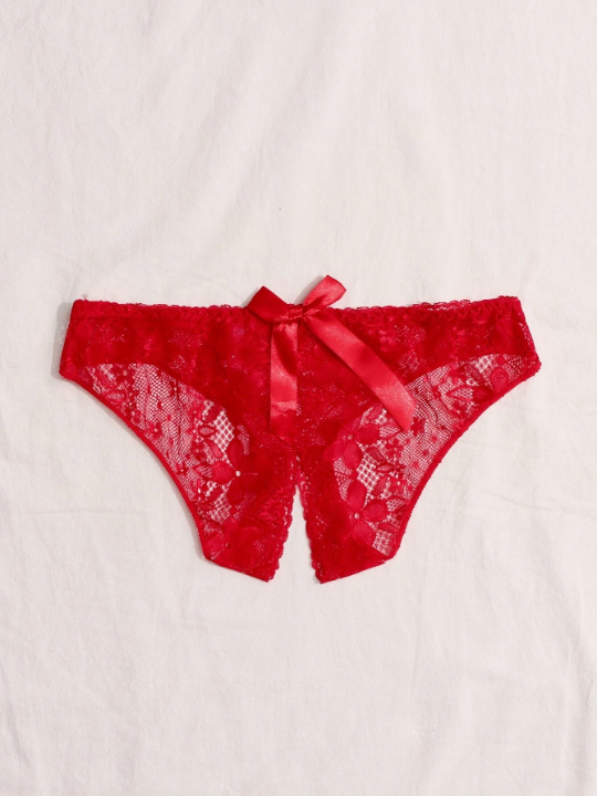 Floral Lace Bow Front Open Crotch Panty