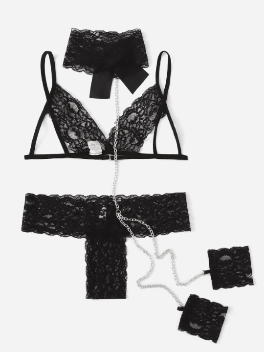 Floral Lace Lingerie Set With Chain Linked Choker