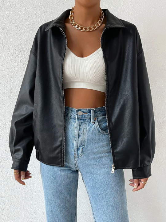EZwear Drop Shoulder Zip Up PU Cropped Leather Jacket