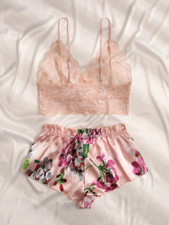 Floral Lace Bralette With Floral Shorts