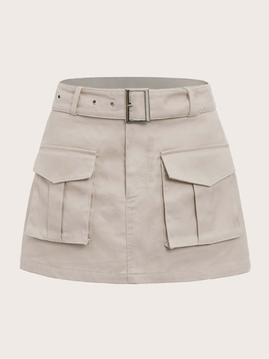 EZwear Grunge Black Flap Pocket Buckle Belted Cargo Skirt-Khaki