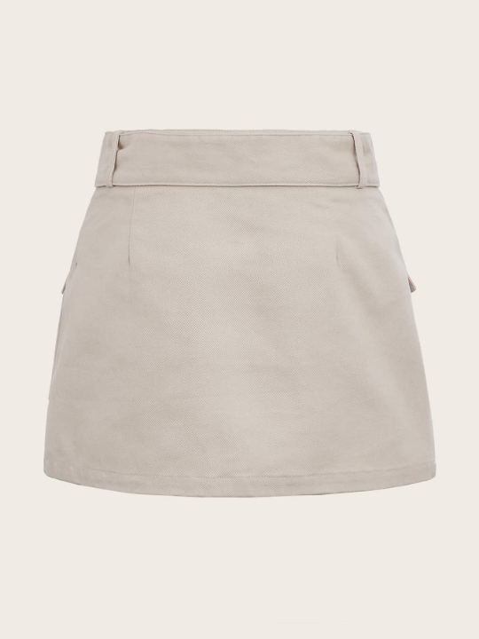 EZwear Grunge Black Flap Pocket Buckle Belted Cargo Skirt-Khaki