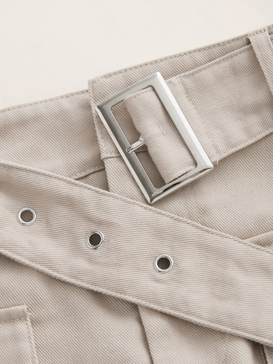 EZwear Grunge Black Flap Pocket Buckle Belted Cargo Skirt-Khaki
