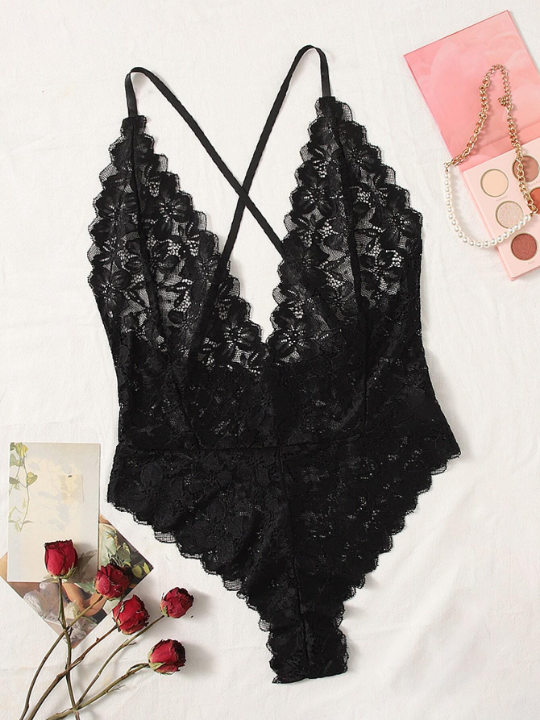 Classic Sexy Floral Lace Plunging Teddy Bodysuit