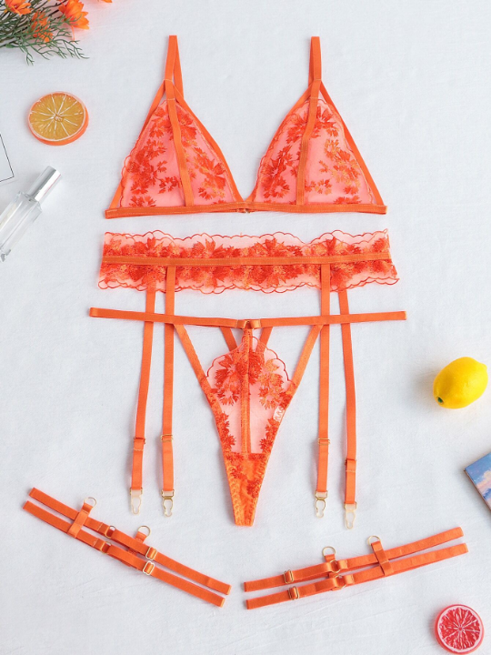 5pack Floral Embroidery Mesh Garter Triangle Lingerie Set