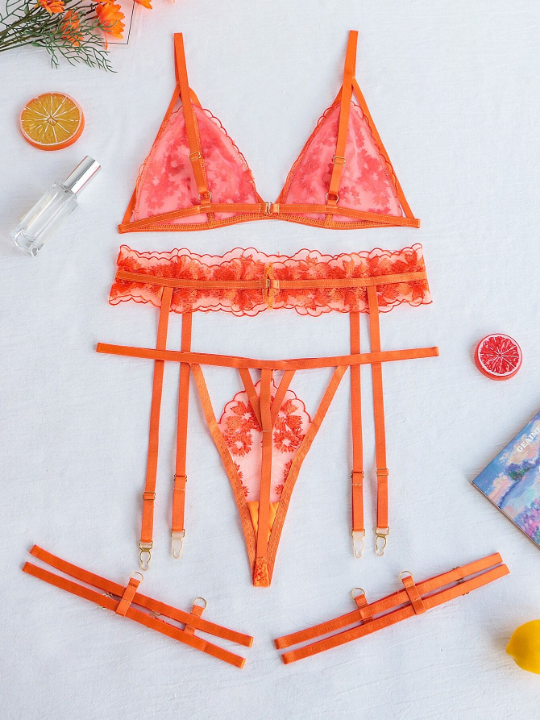 5pack Floral Embroidery Mesh Garter Triangle Lingerie Set