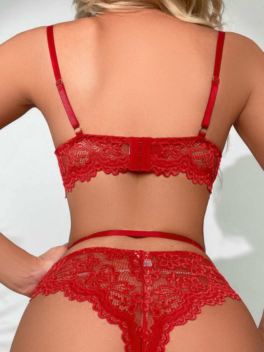 Classic Sexy 4pack Floral Lace Cut Out Rhinestone Detail Underwire Lingerie Set