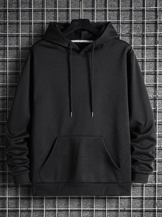 Men Solid Drawstring Pocket Detail Thermal Lined Sweatshirt