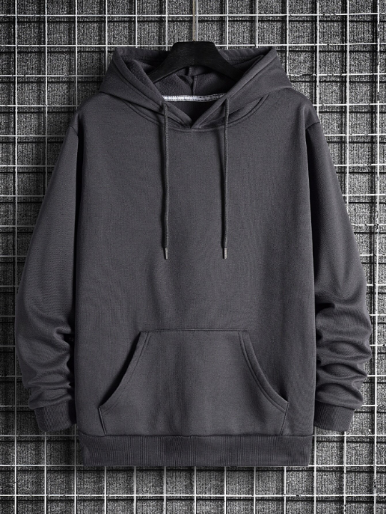 Men Solid Drawstring Kangaroo Pocket Drop Shoulder Hoodie