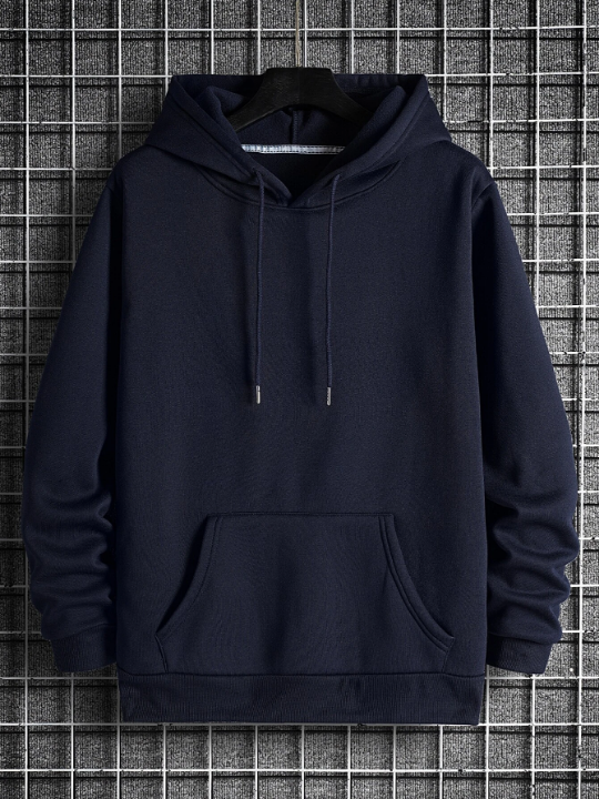 Men Solid Drawstring Pocket Detail Thermal Lined Sweatshirt