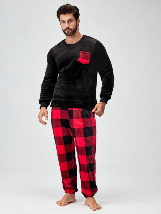 Men Buffalo Plaid Patched Pocket PJ Set