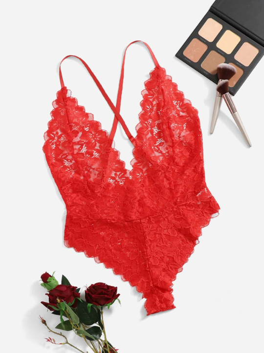 Classic Sexy Floral Lace Plunging Teddy Bodysuit
