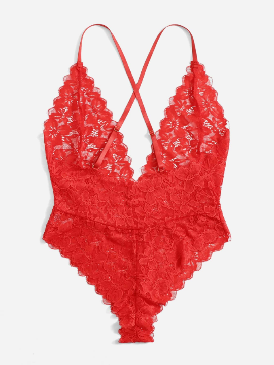 Classic Sexy Floral Lace Plunging Teddy Bodysuit